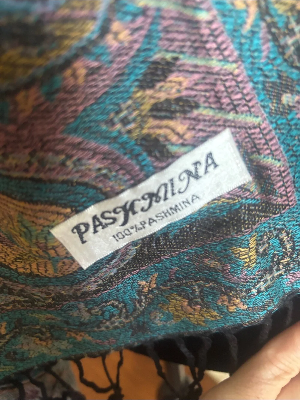 100% Pashmina Paisley Scarf Shawl Wrap – Teal, Pink & Gold. Purchased in India